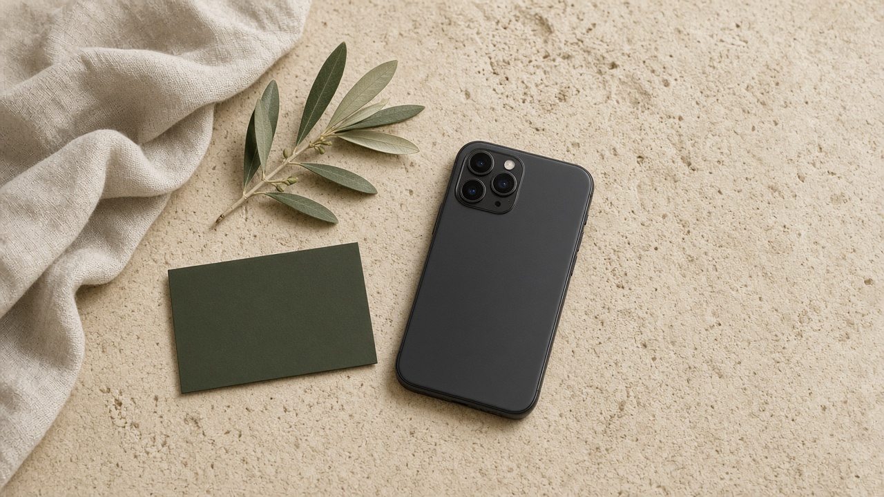 Carte vert olive et téléphone posés sur de la pierre, avec une branche d’olivier.