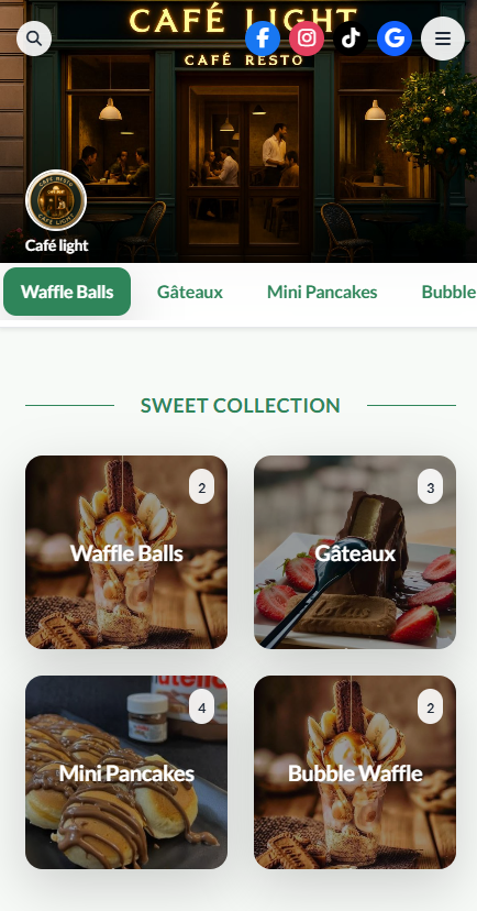 Menu digital d’un café : catégories, gâteaux, pancakes et bubble waffle.
